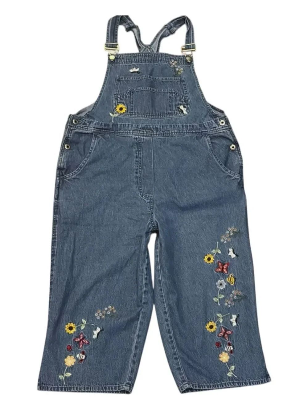 AGAPO Vintage 90s Cropped Denim Overalls Sunflower Butterfly Embroidered